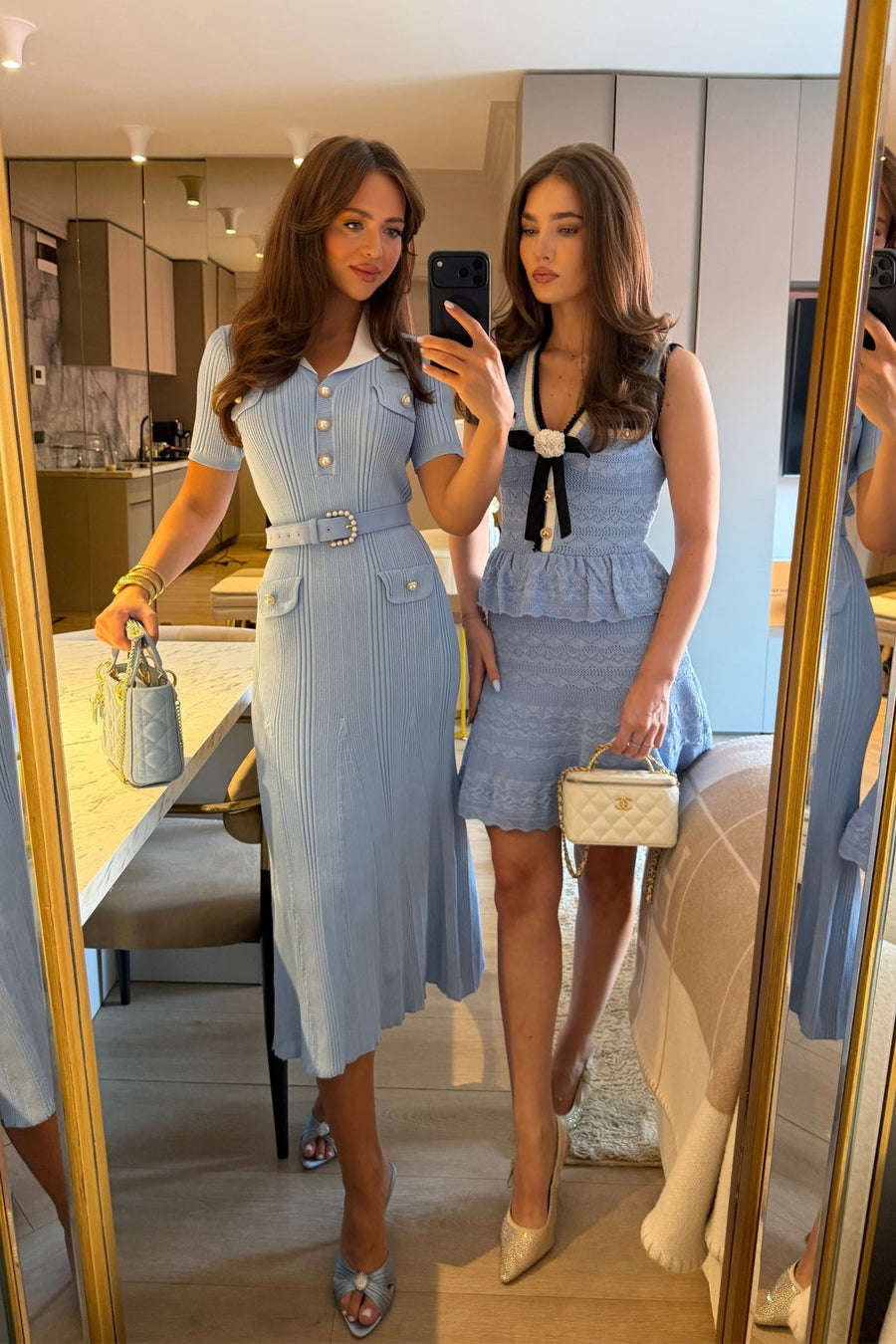 Kontrast Şerit ve Fiyonk Detaylı Peplum Triko Mini Elbise - Açık Mavi
