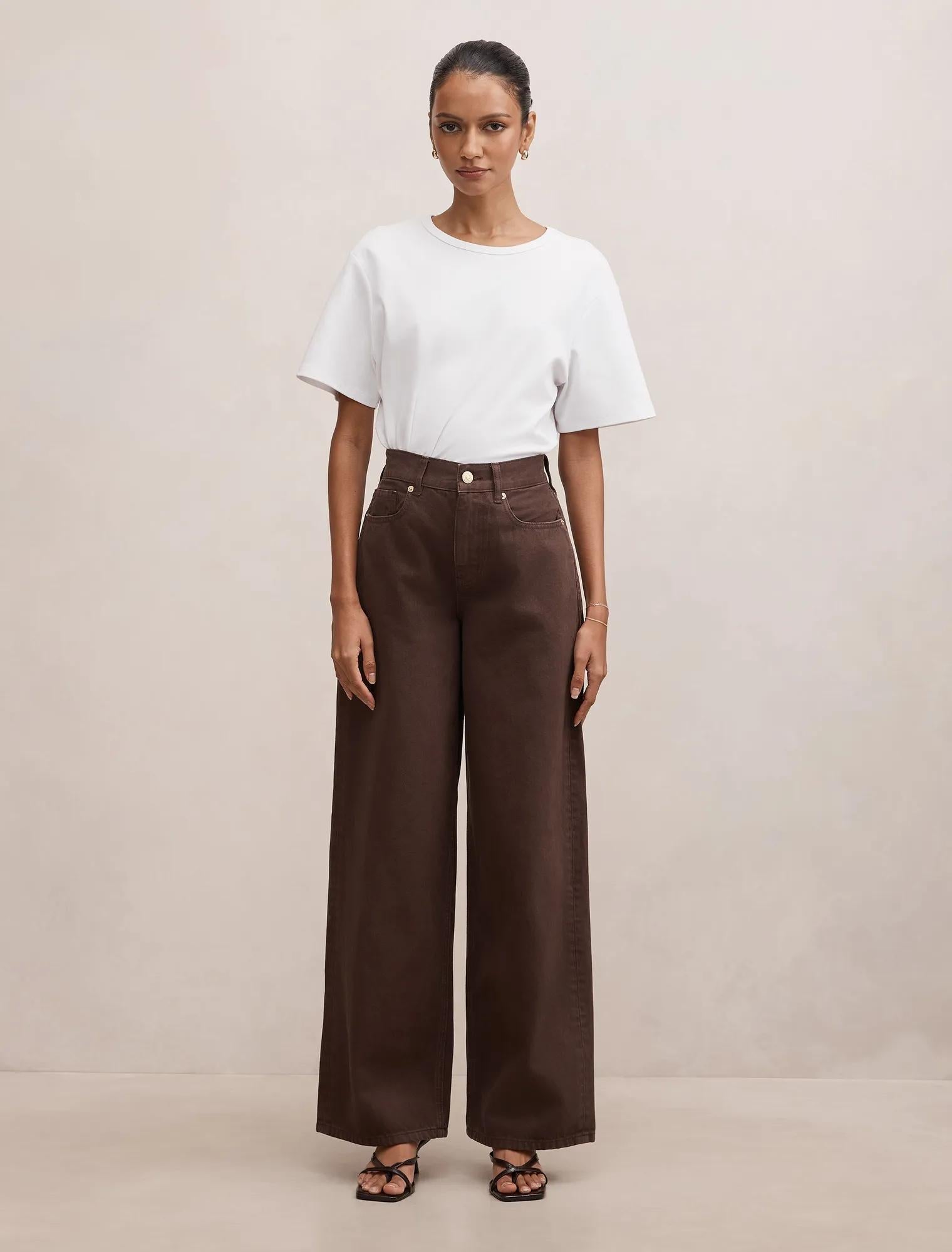 Gia Petite High Rise Geniş Paça Jean Pantolon Çikolata Kahvesi