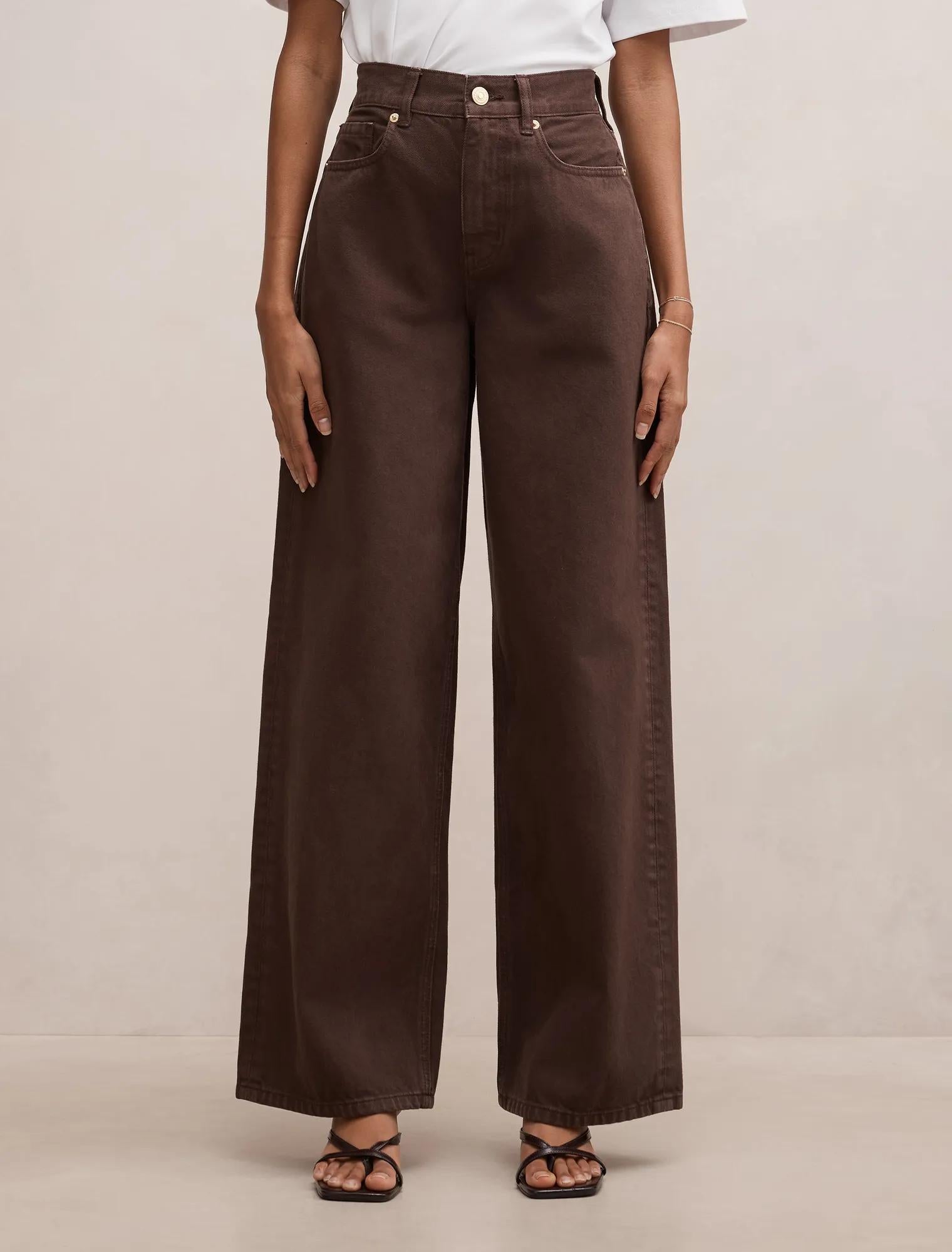 Gia Petite High Rise Geniş Paça Jean Pantolon Çikolata Kahvesi