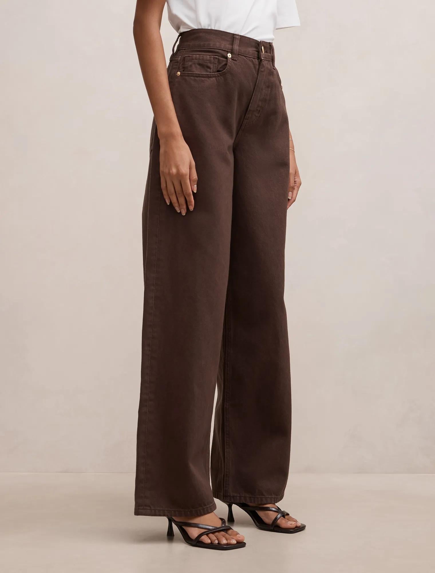 Gia Petite High Rise Geniş Paça Jean Pantolon Çikolata Kahvesi