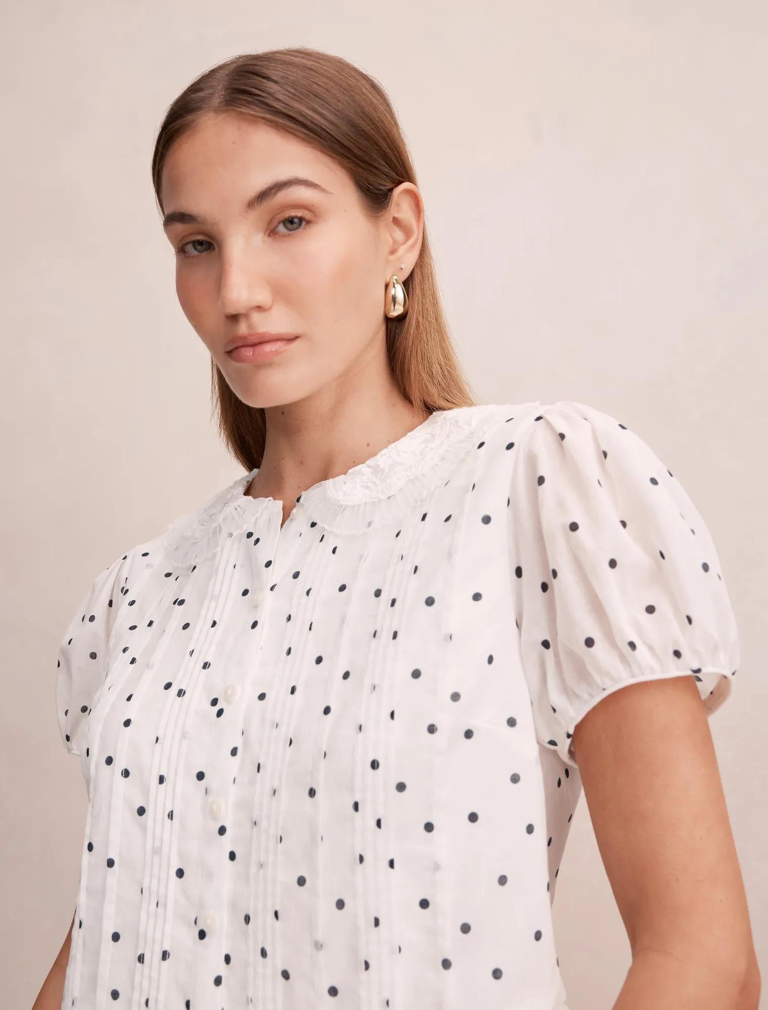 Cece Peplum Bluz Lacivert Findon Puantiyeli