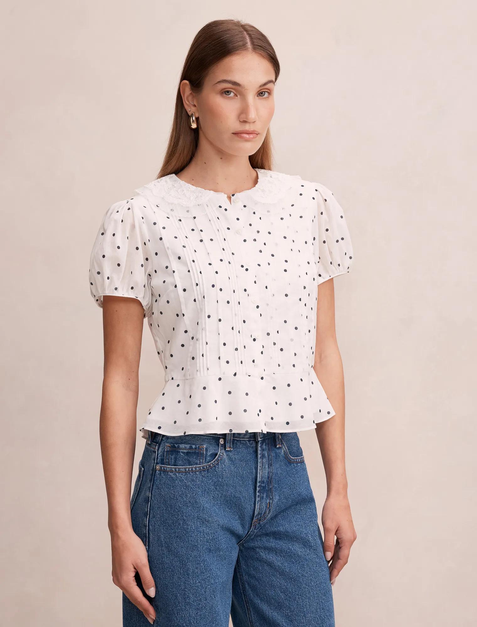 Cece Peplum Bluz Lacivert Findon Puantiyeli