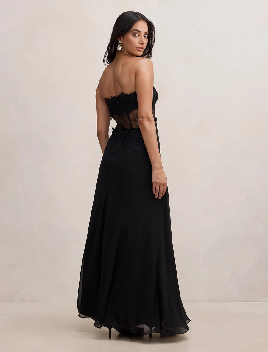 Amity Dantel Korse Transparan Maxi Elbise Siyah