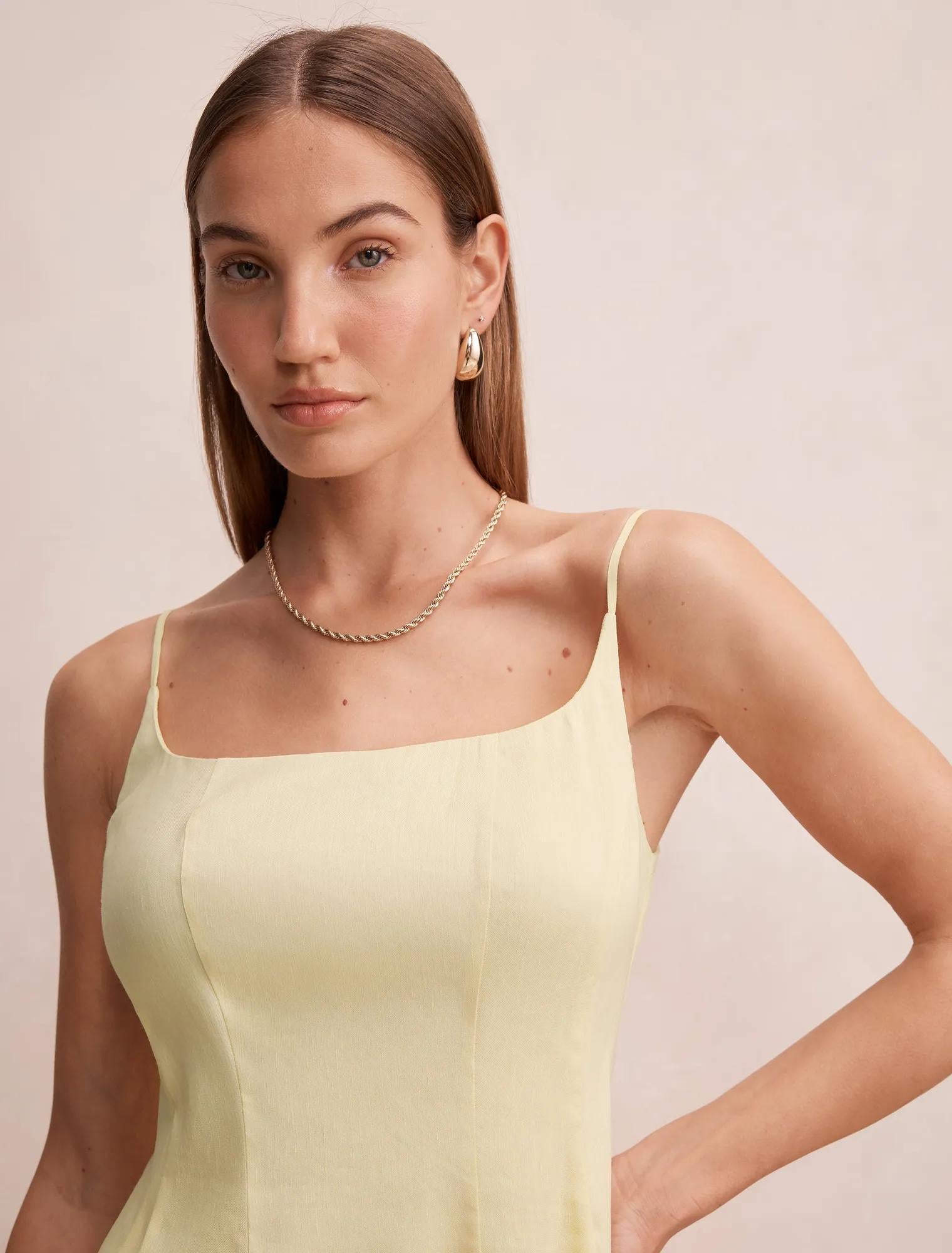 Emery Panel Midi Elbise Yumuşak Daffodil