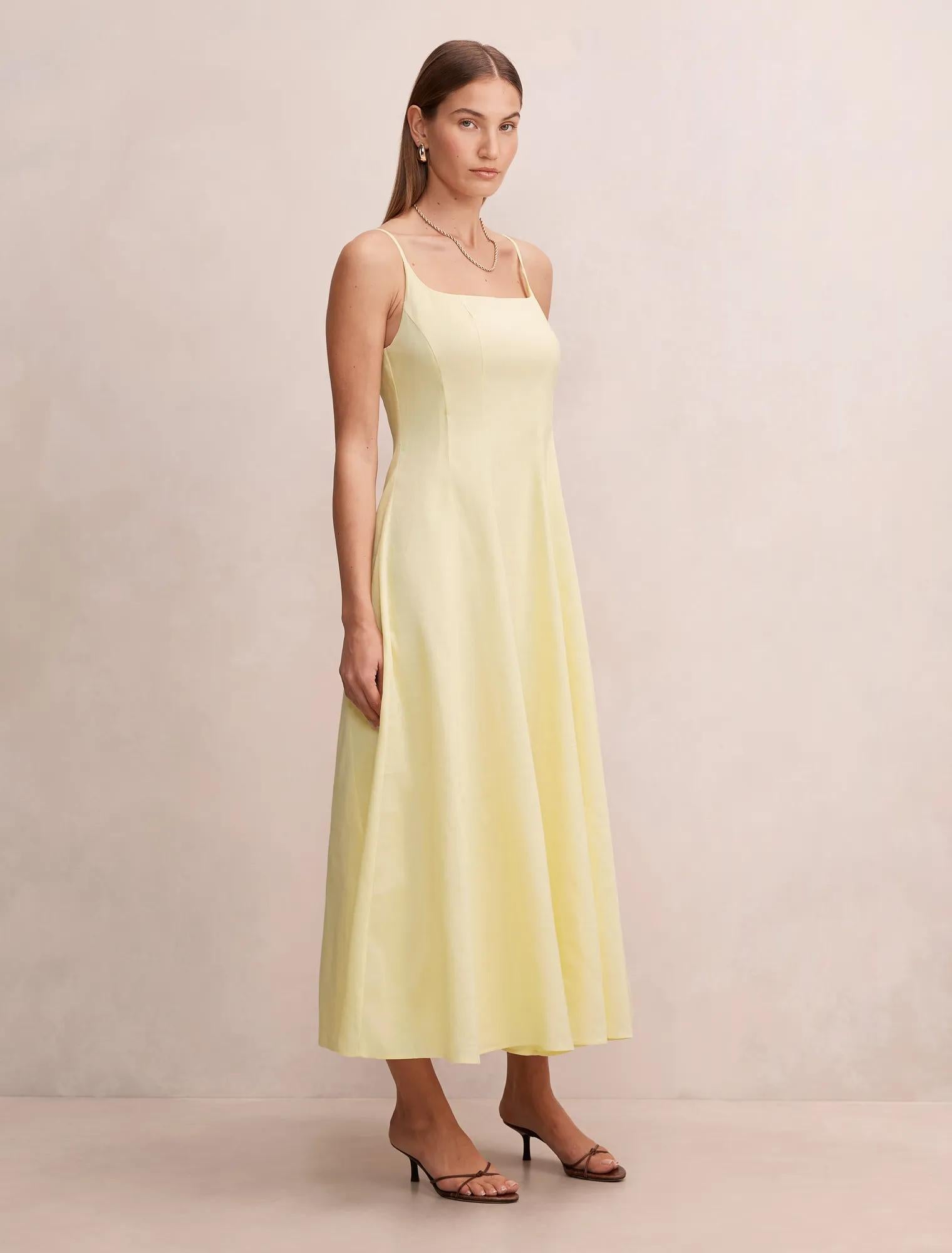 Emery Panel Midi Elbise Yumuşak Daffodil