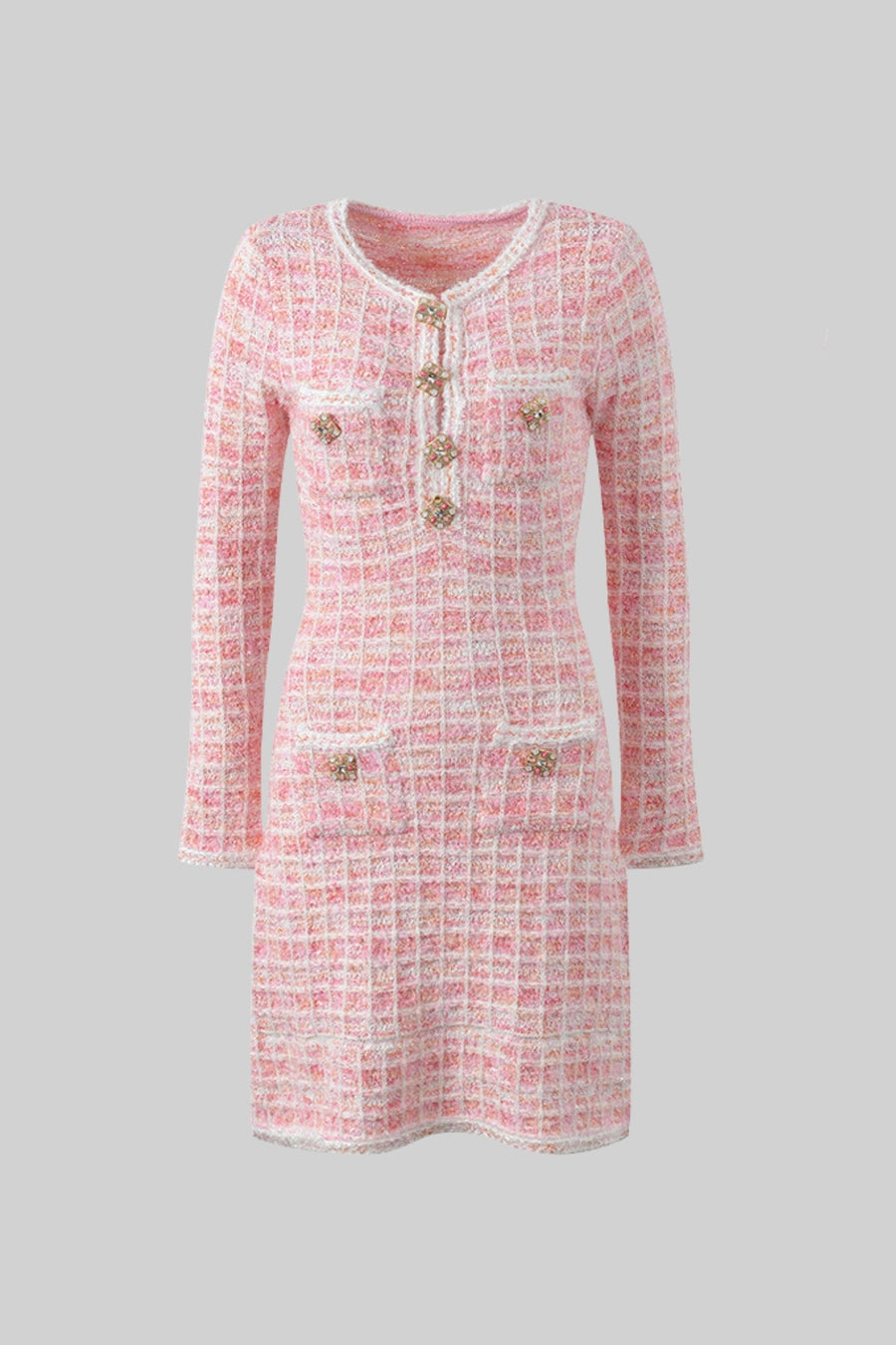 Taşlı Düğmeler Detaylı Tüvit Mini Elbise - Pembe
