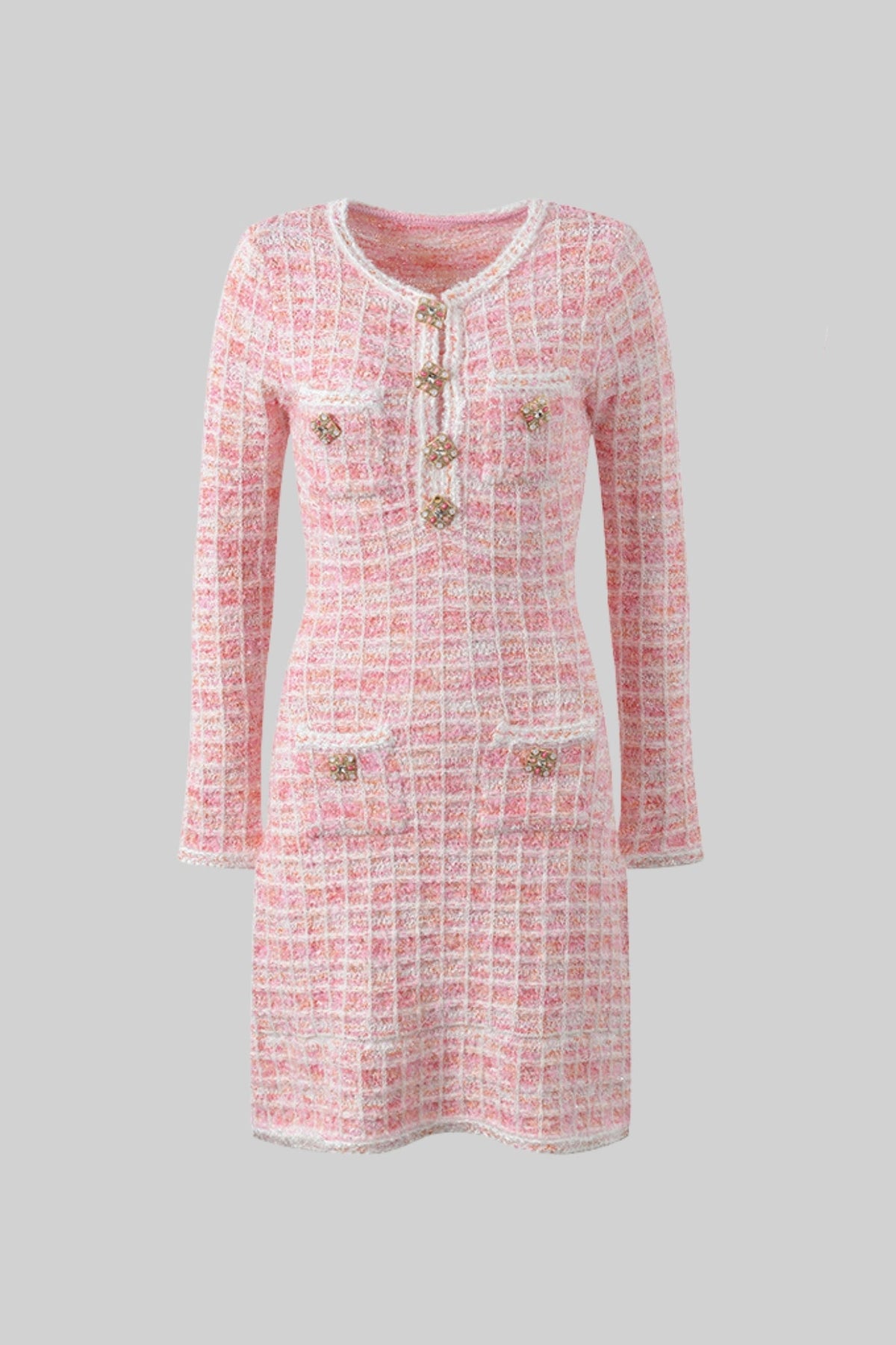 Taşlı Düğmeler Detaylı Tüvit Mini Elbise - Pembe