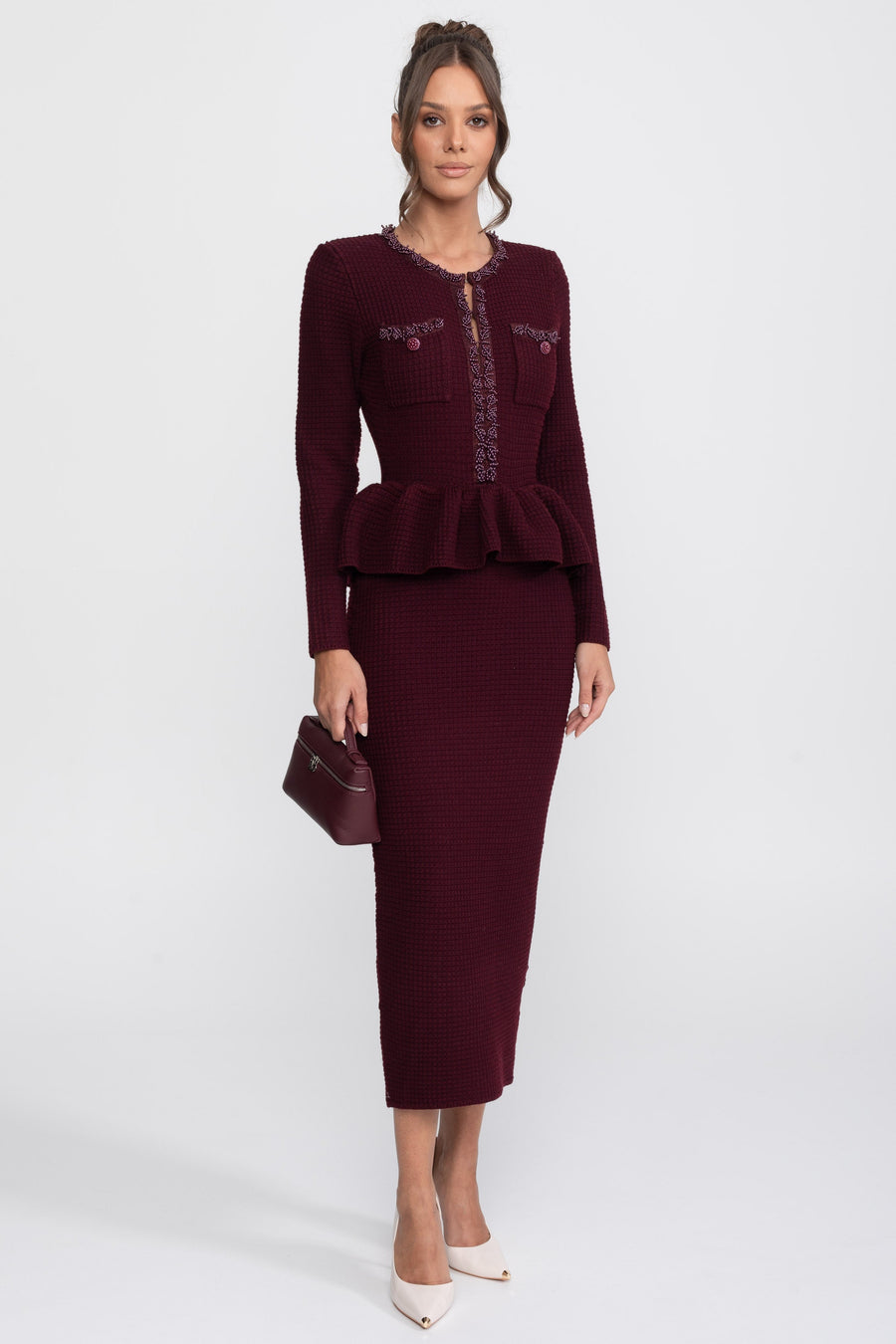 Ön Göğüs Cepleri Detaylı Püskül Şerit Triko Peplum Elbise - Bordo