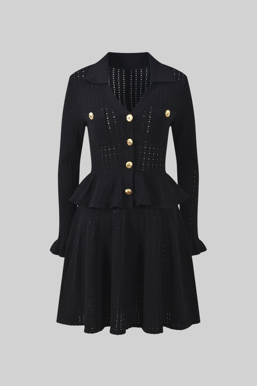 Peplum Bel ve Altın Düğme Detay Triko Mini Elbise - Siyah
