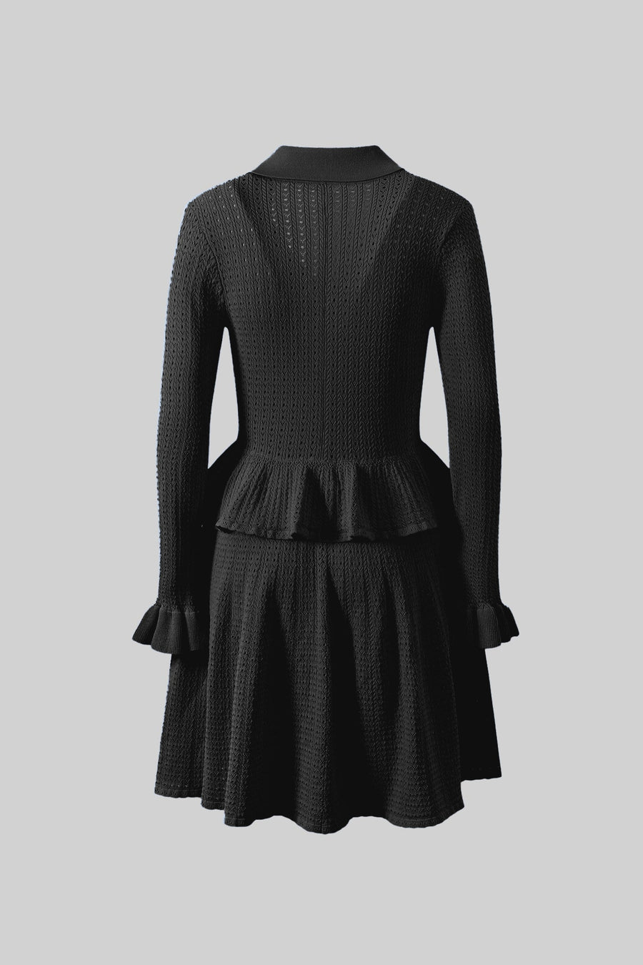 Peplum Bel ve Altın Düğme Detay Triko Mini Elbise - Siyah