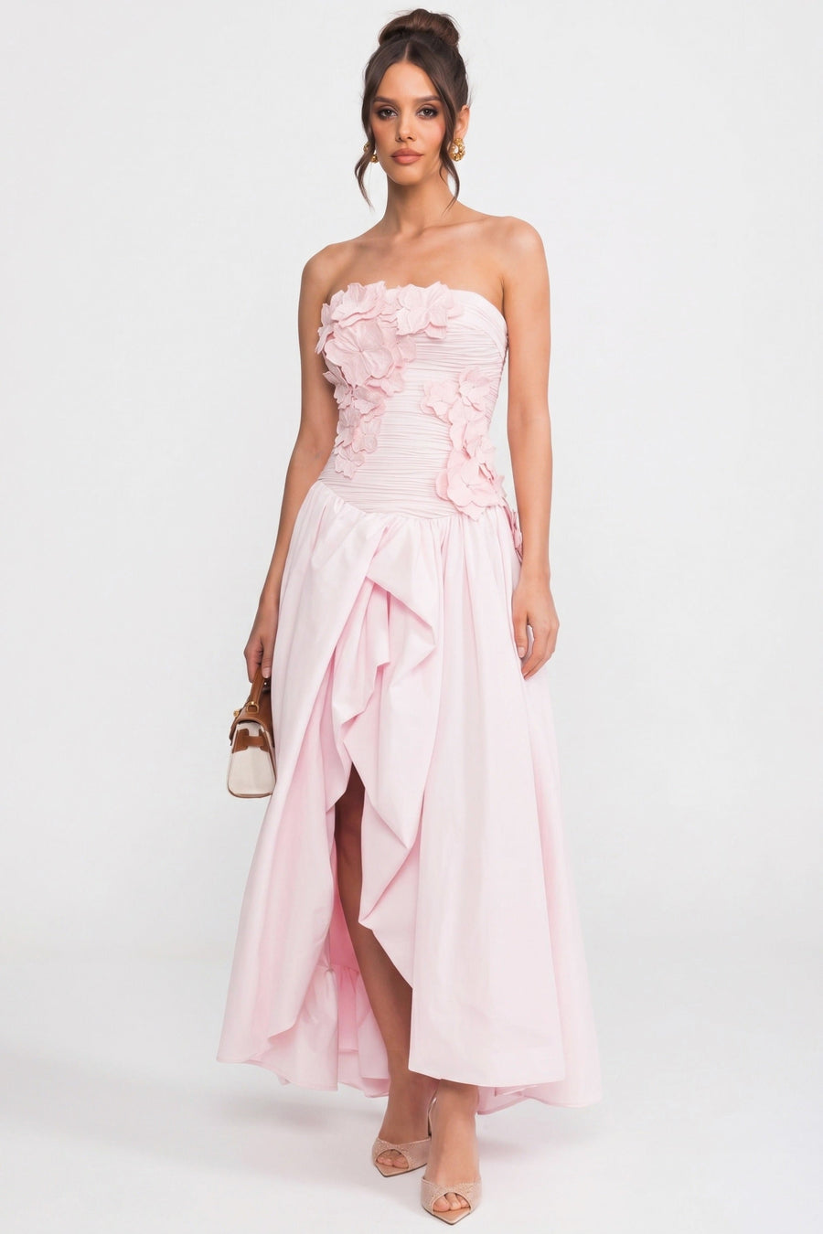 3D Çiçek Üst Beden ve Tam Etek Detaylı Askısız Ballgown - Pembe