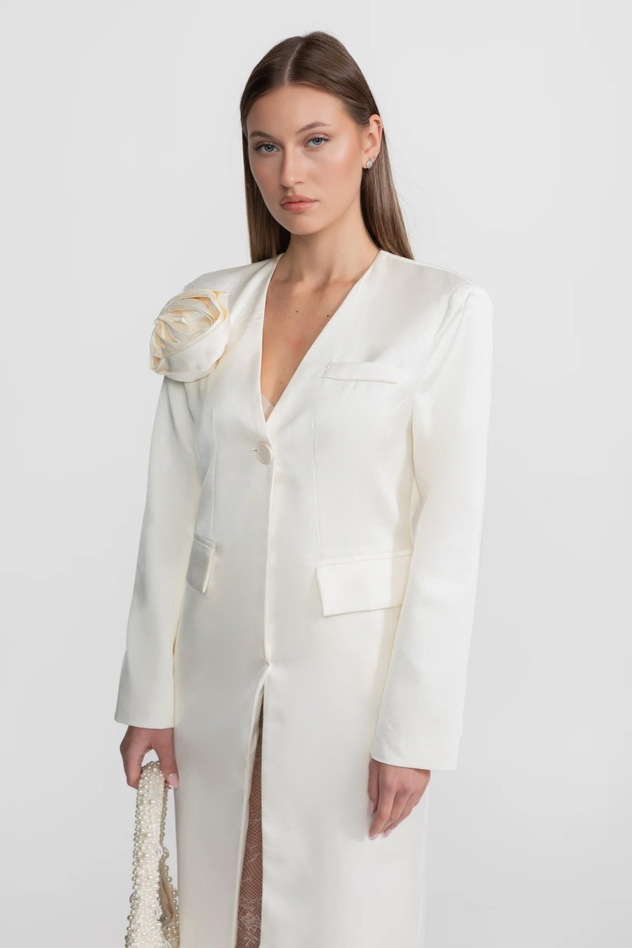 Saten Gül Süslemeli Blazer Elbise - Fildişi