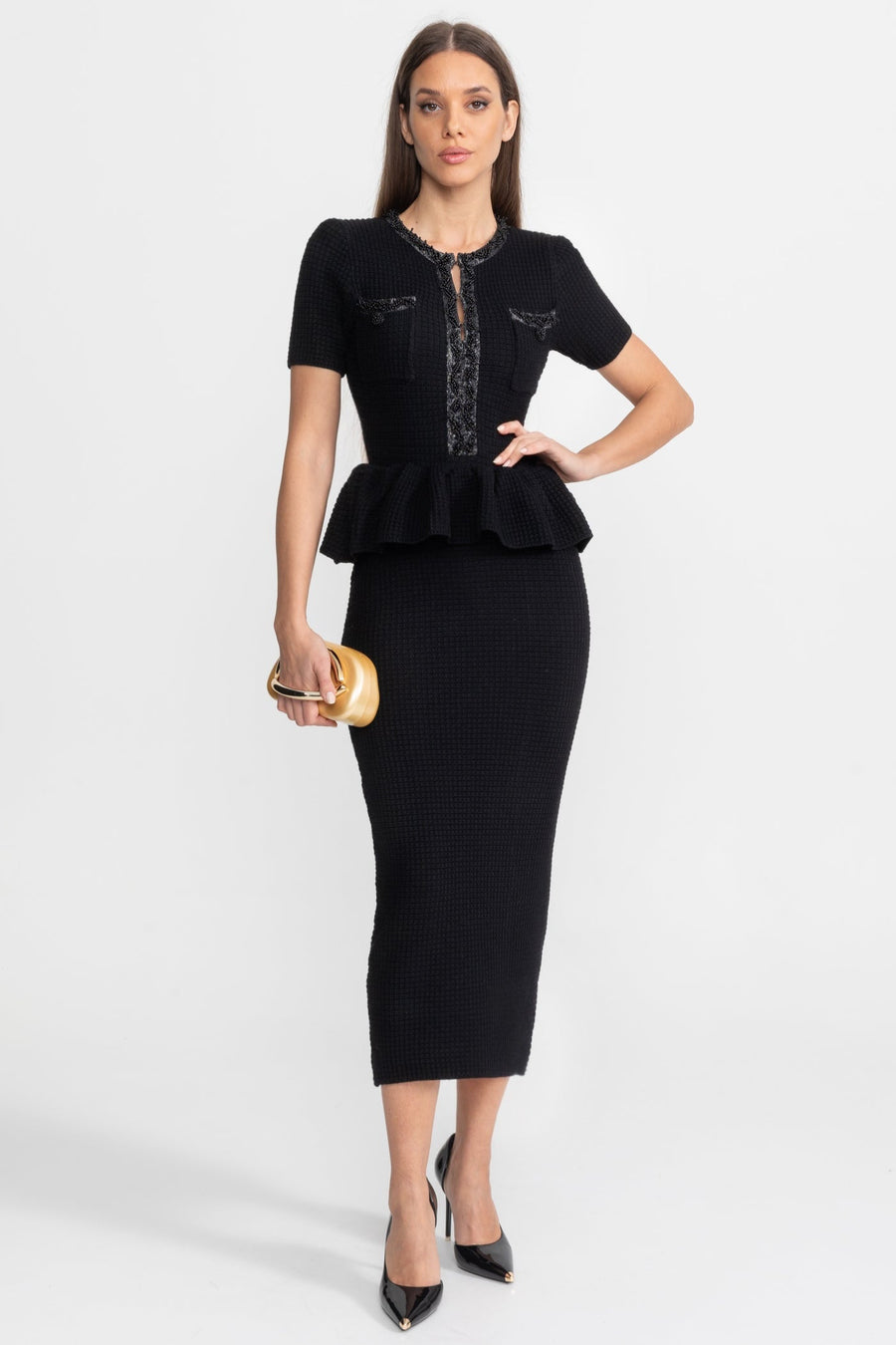 Peplum Bel Detayı Dokulu Triko Midi Elbise - Siyah