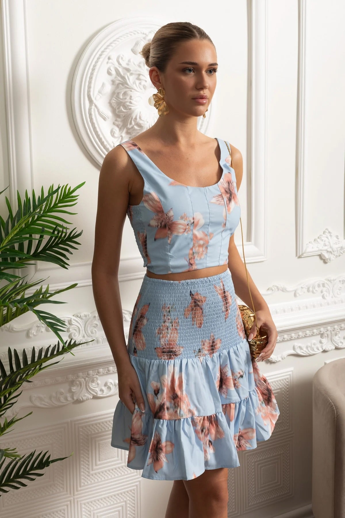 Mini Çiçekli Smocked Takım - Mavi