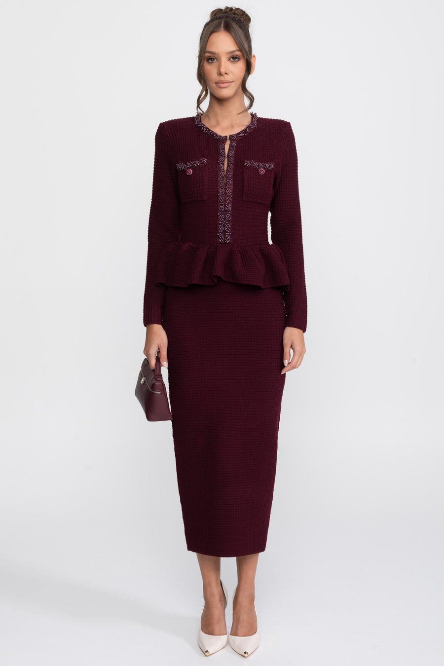 Ön Göğüs Cepleri Detaylı Püskül Şerit Triko Peplum Elbise - Bordo