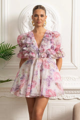3D Çiçek Aplike Balon Kol Mini Elbise - Pembe