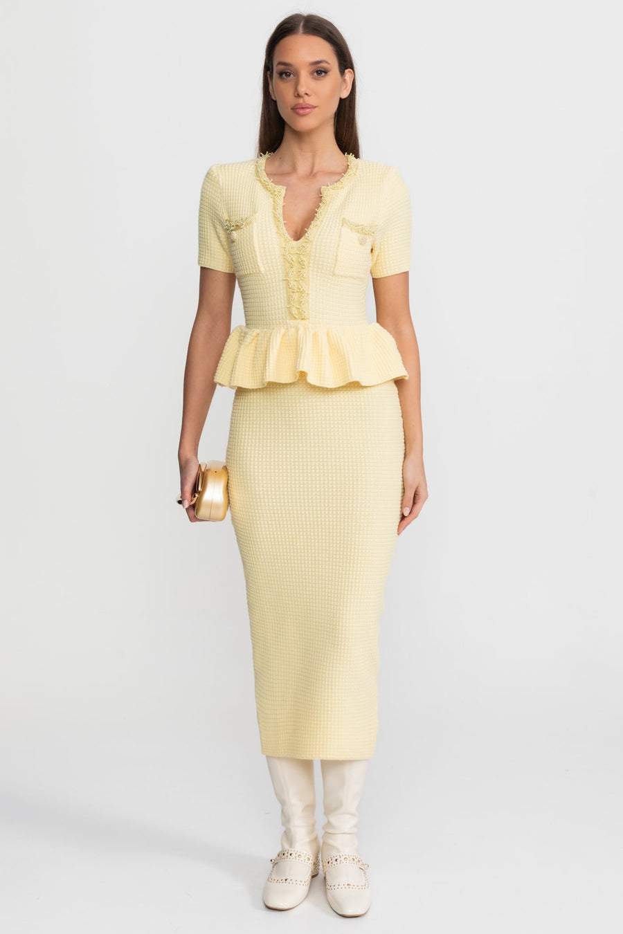 Peplum Bel Detayı Dokulu Triko Midi Elbise - Sarı