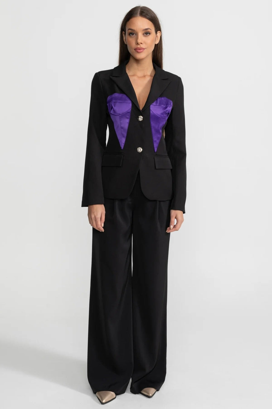 Kontrast Göğüs Panelleri Detaylı Terzi İşi Saten Panelli Blazer Ceket - Siyah & Mor