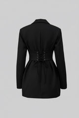 Korse Bel Detaylı Yapılandırılmış Mini Blazer Elbise - Siyah