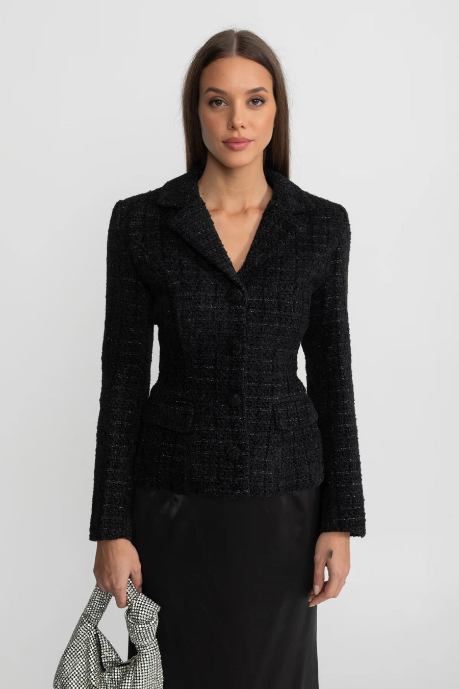 Tüvit Blazer Ceket ve Saten Maxi Etek Takım - Siyah