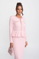 Ön Göğüs Cepleri Detaylı Püskül Şerit Triko Peplum Elbise - Pembe