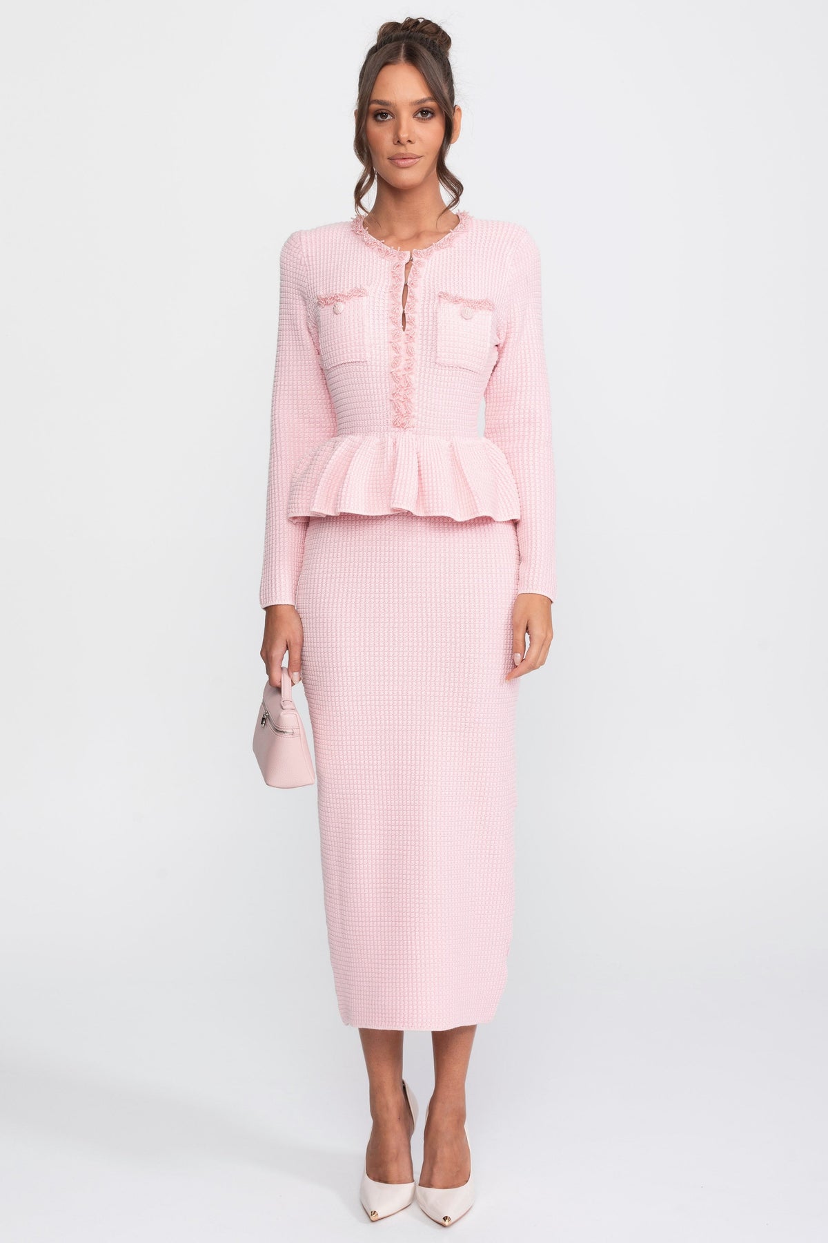 Ön Göğüs Cepleri Detaylı Püskül Şerit Triko Peplum Elbise - Pembe