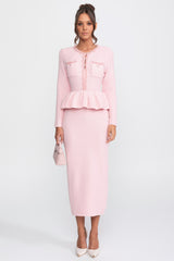 Ön Göğüs Cepleri Detaylı Püskül Şerit Triko Peplum Elbise - Pembe