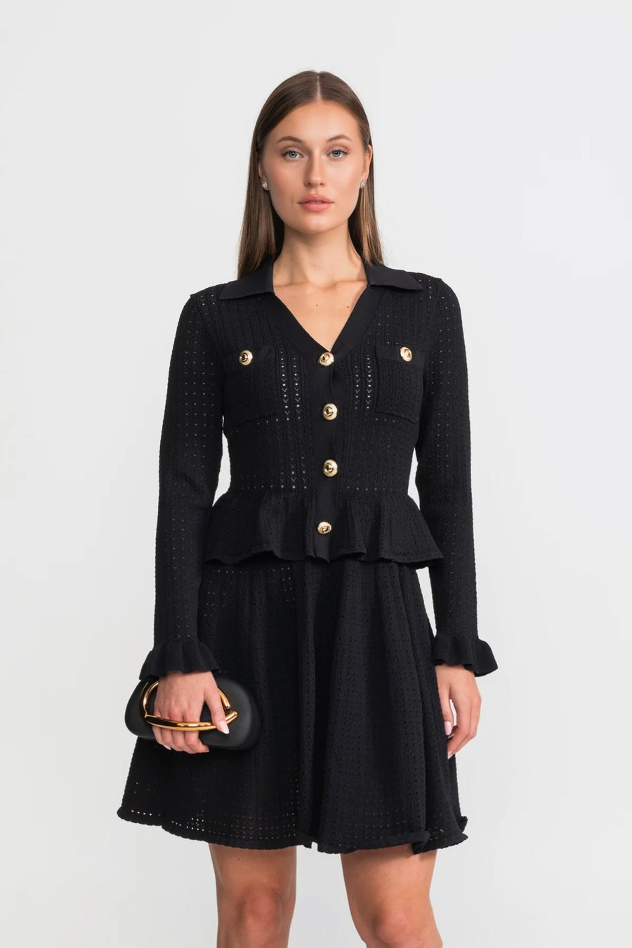 Peplum Bel ve Altın Düğme Detay Triko Mini Elbise - Siyah