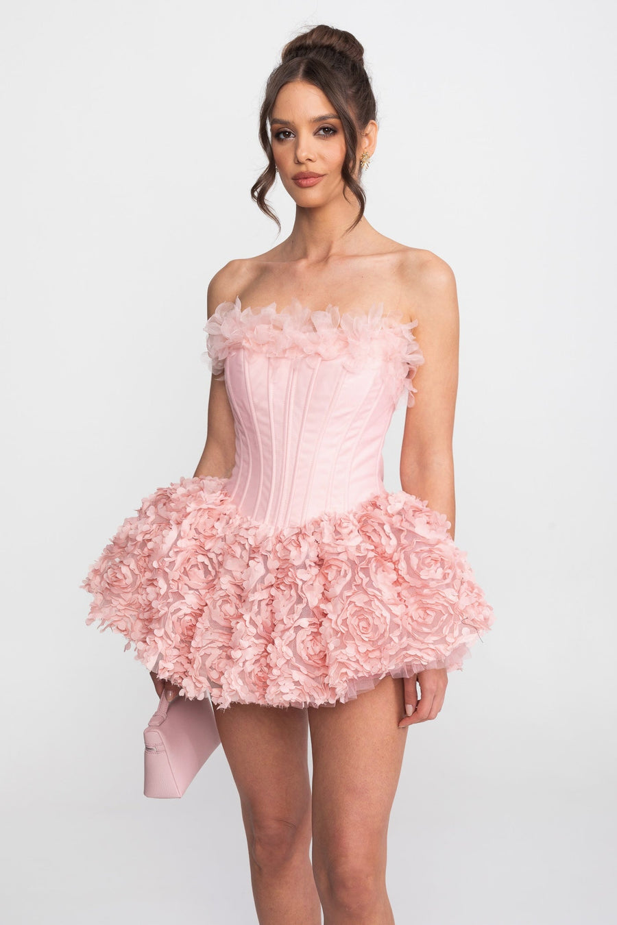 3D Gül Kurusu Aplike Etek Detaylı Askısız Korse Mini Elbise - Pembe