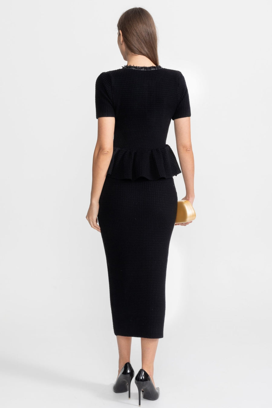 Peplum Bel Detayı Dokulu Triko Midi Elbise - Siyah