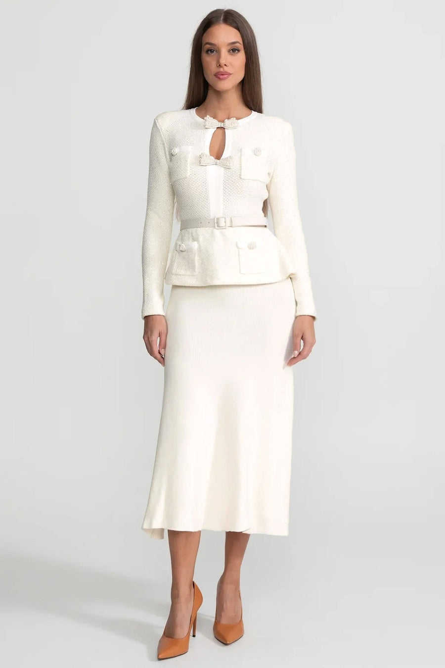 Tüvit Peplum Triko Midi Elbise - Fildişi