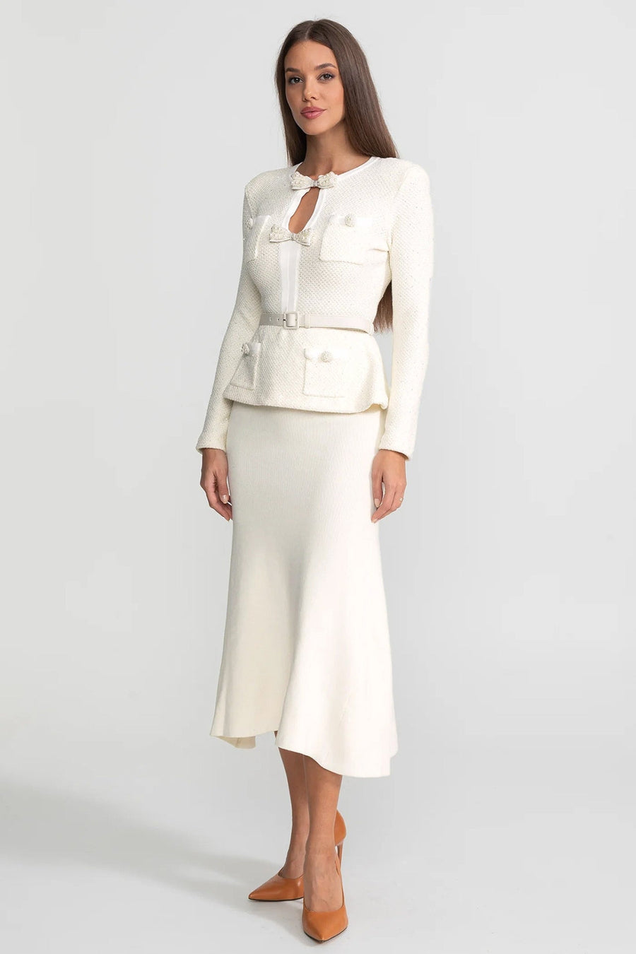 Tüvit Peplum Triko Midi Elbise - Fildişi