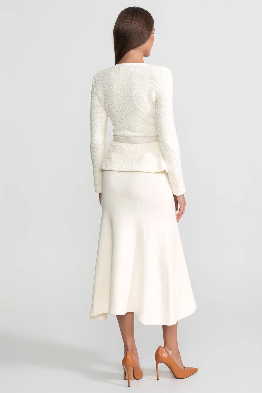 Tüvit Peplum Triko Midi Elbise - Fildişi