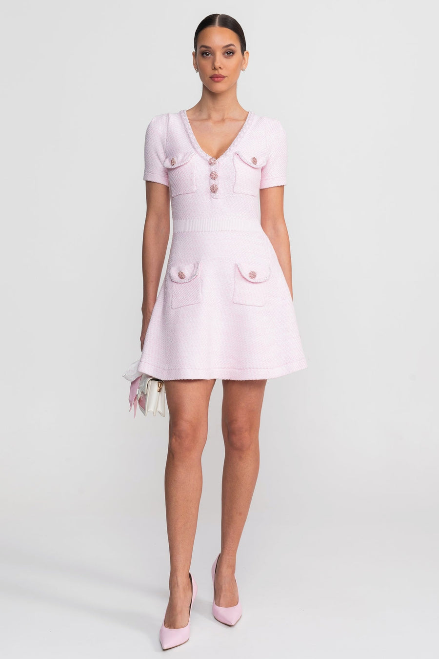 V Yaka ve Taşlı Düğmeler Detaylı Dokulu Kısa Kollu Mini Elbise - Pembe