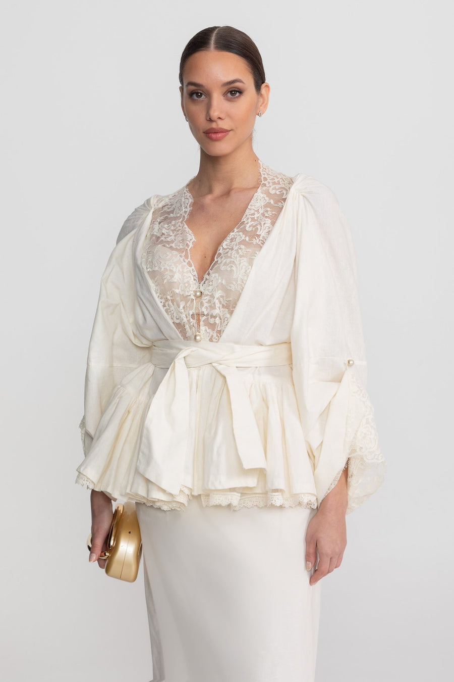 Dantel Panel Detaylı Kemerli Peplum Takım - Fildişi