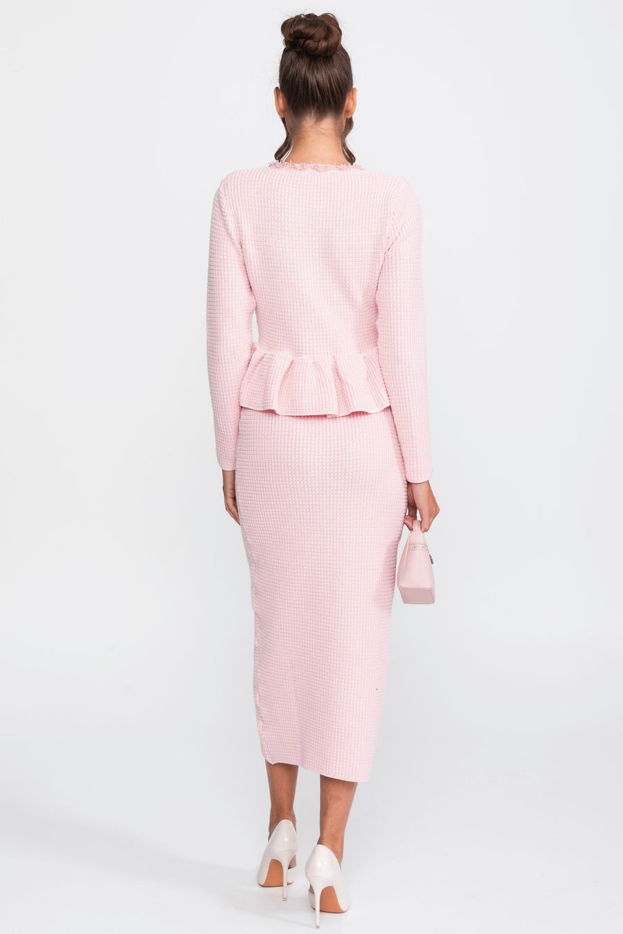 Ön Göğüs Cepleri Detaylı Püskül Şerit Triko Peplum Elbise - Pembe
