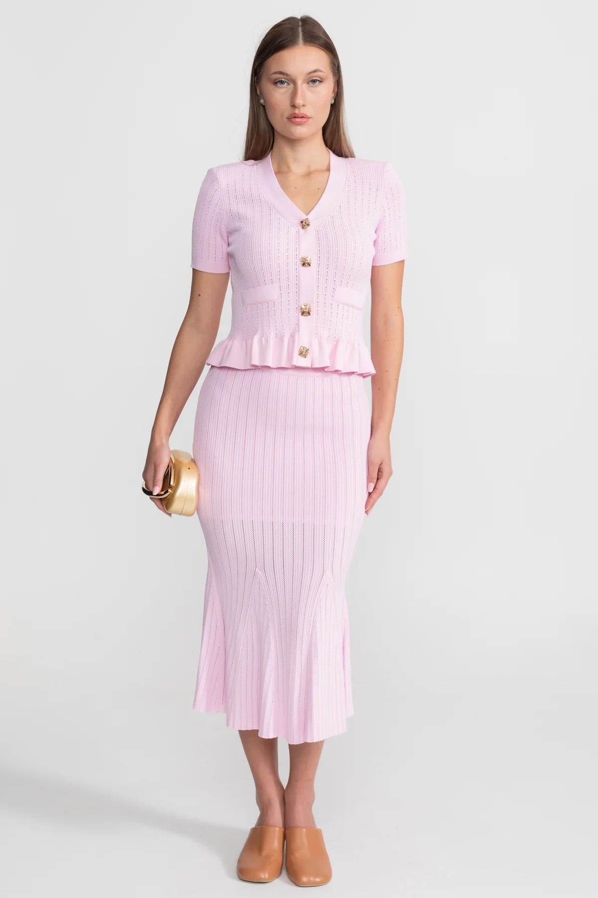 Peplum Bel ve Altın Düğmeler Detaylı Triko Midi Takım - Pembe
