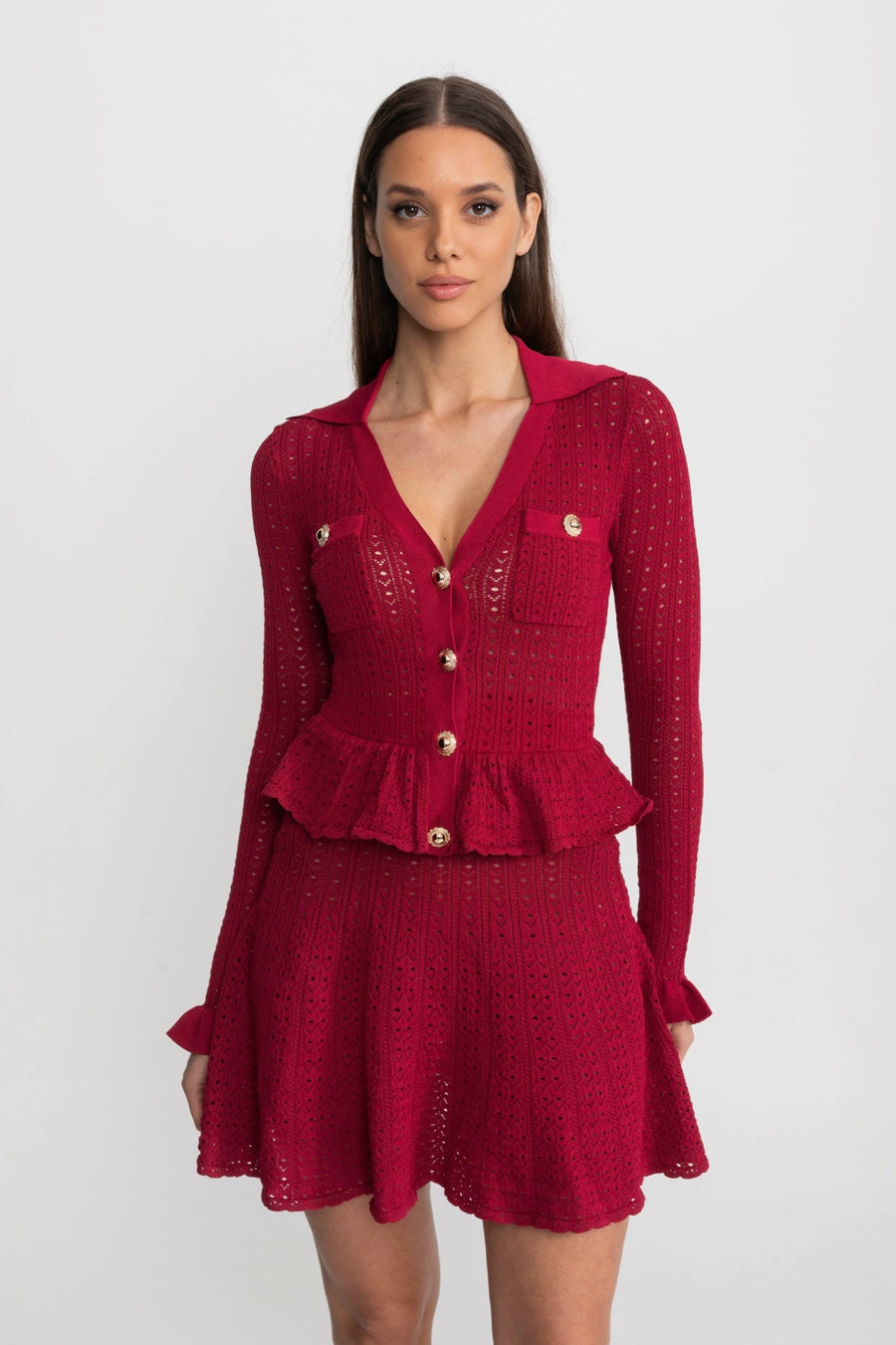 Peplum Etek Ucu Detaylı Ajur Triko Mini Elbise - Koyu Kırmızı