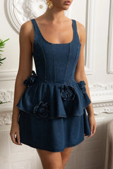 3D Çiçek Detaylı Peplum Denim Mini Elbise - Mavi