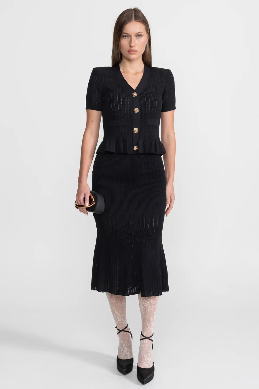 Peplum Bel ve Altın Düğmeler Detaylı Triko Midi Takım - Siyah