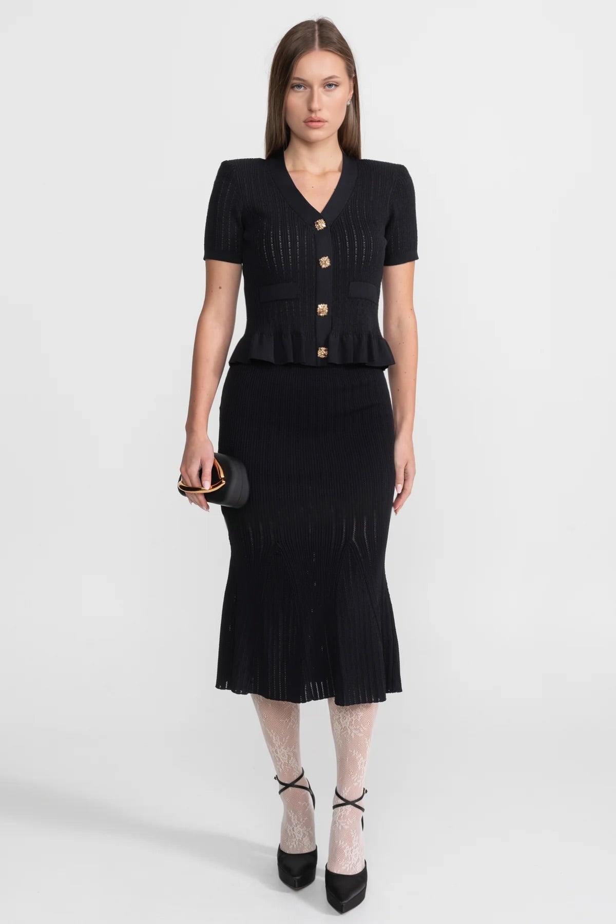 Peplum Bel ve Altın Düğmeler Detaylı Triko Midi Takım - Siyah