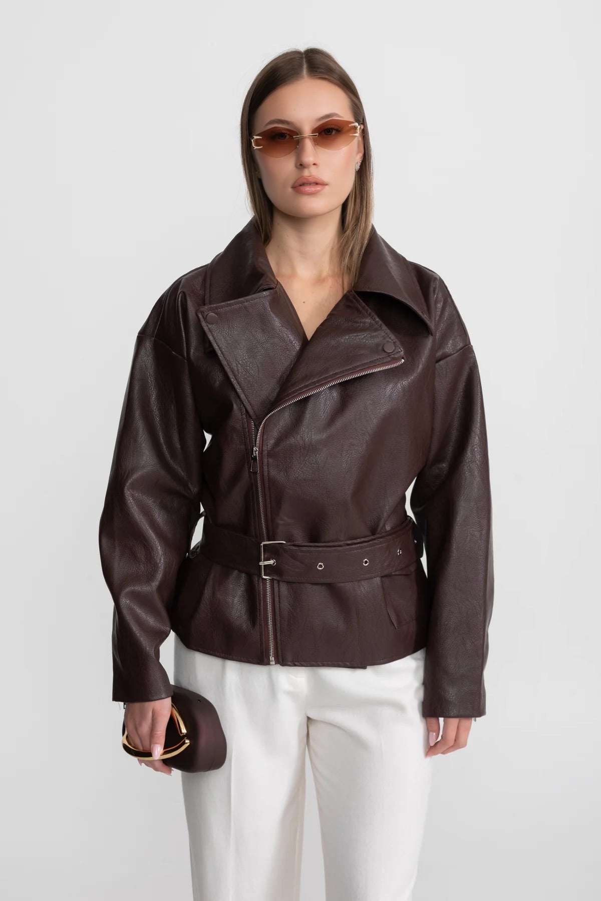 Geniş Klapalar Detaylı Kemerli Biker Ceket - Chocolate Kahverengi