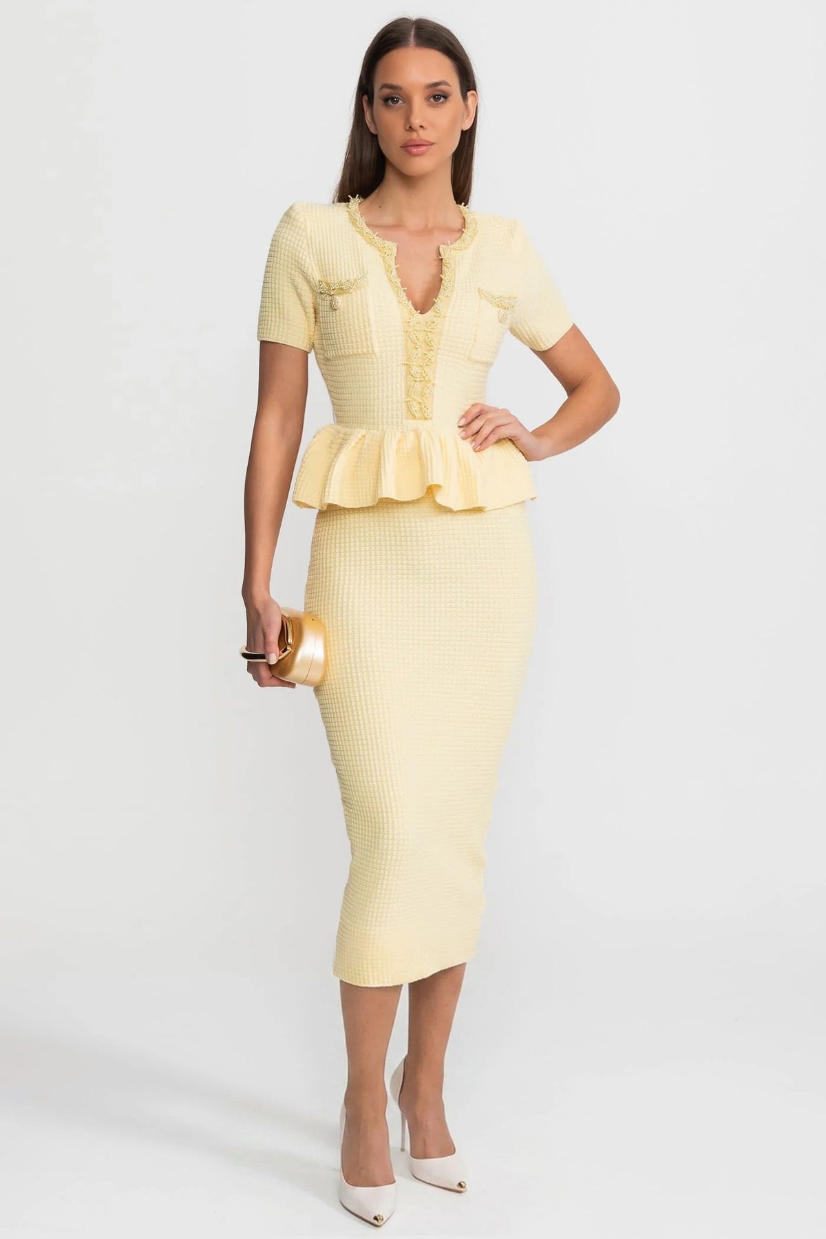 Peplum Bel Detayı Dokulu Triko Midi Elbise - Sarı