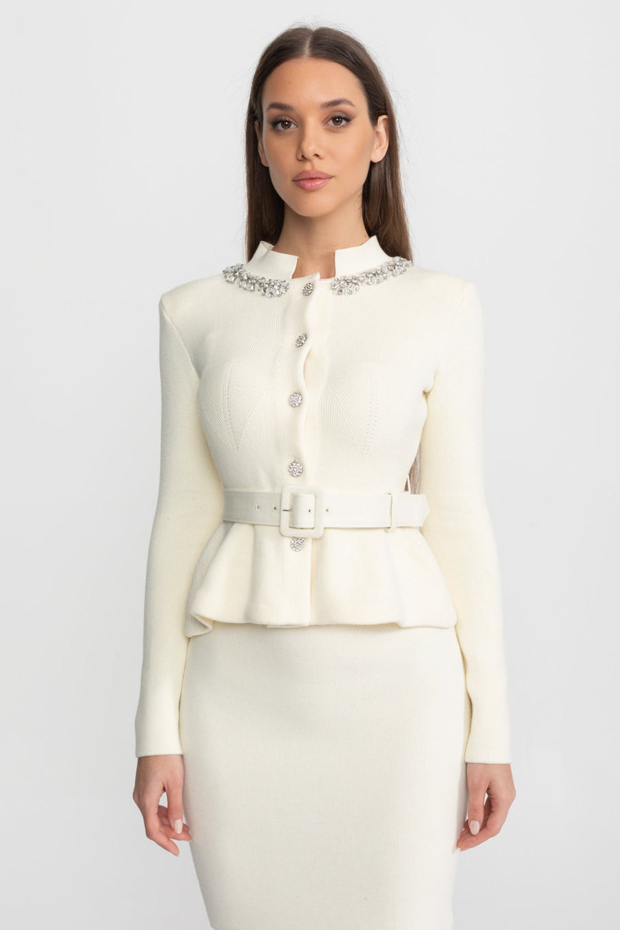 Peplum Bel ve Kristal Yaka Detaylı Midi Elbise - Fildişi