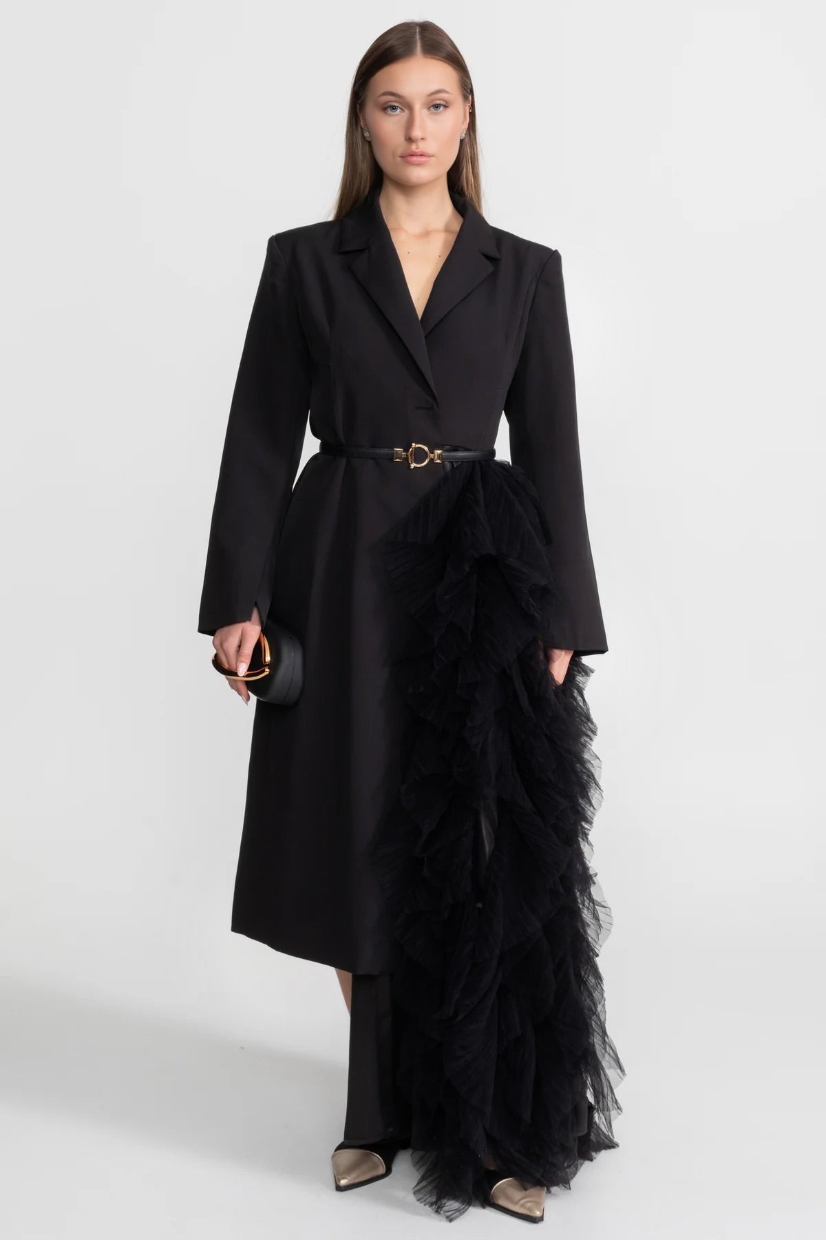 Çentik Klapalar Detaylı Tül Cascade Blazer Elbise - Siyah