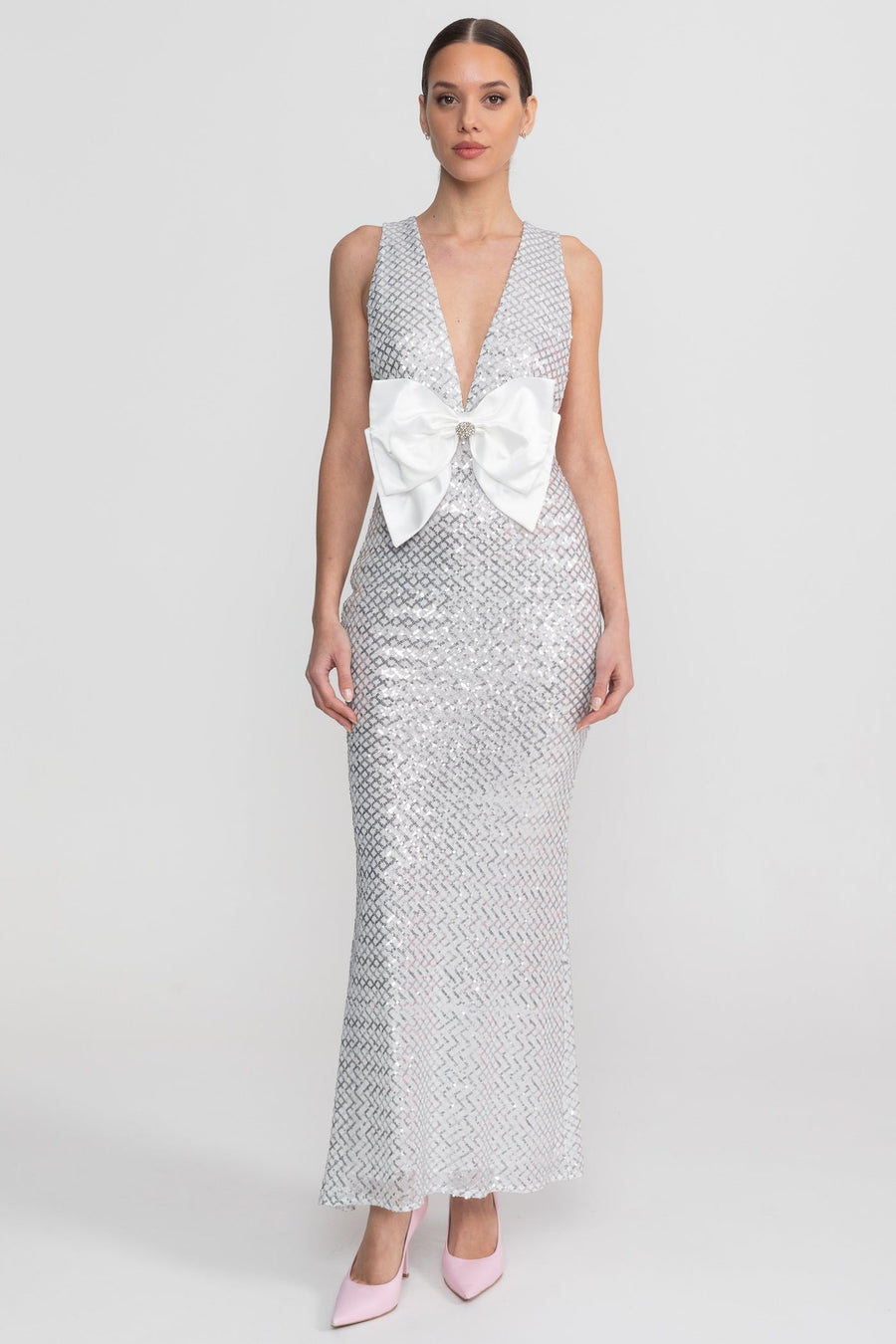 Saten Fiyonk Detay Payet Maxi Elbise - Light Gri