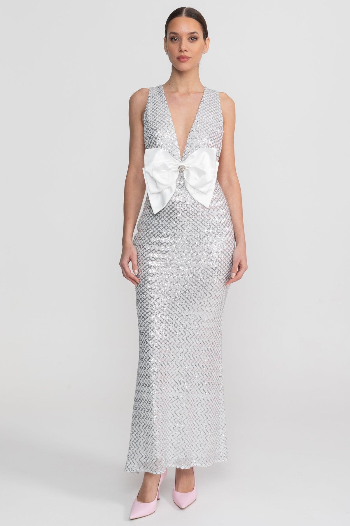 Saten Fiyonk Detay Payet Maxi Elbise - Light Gri