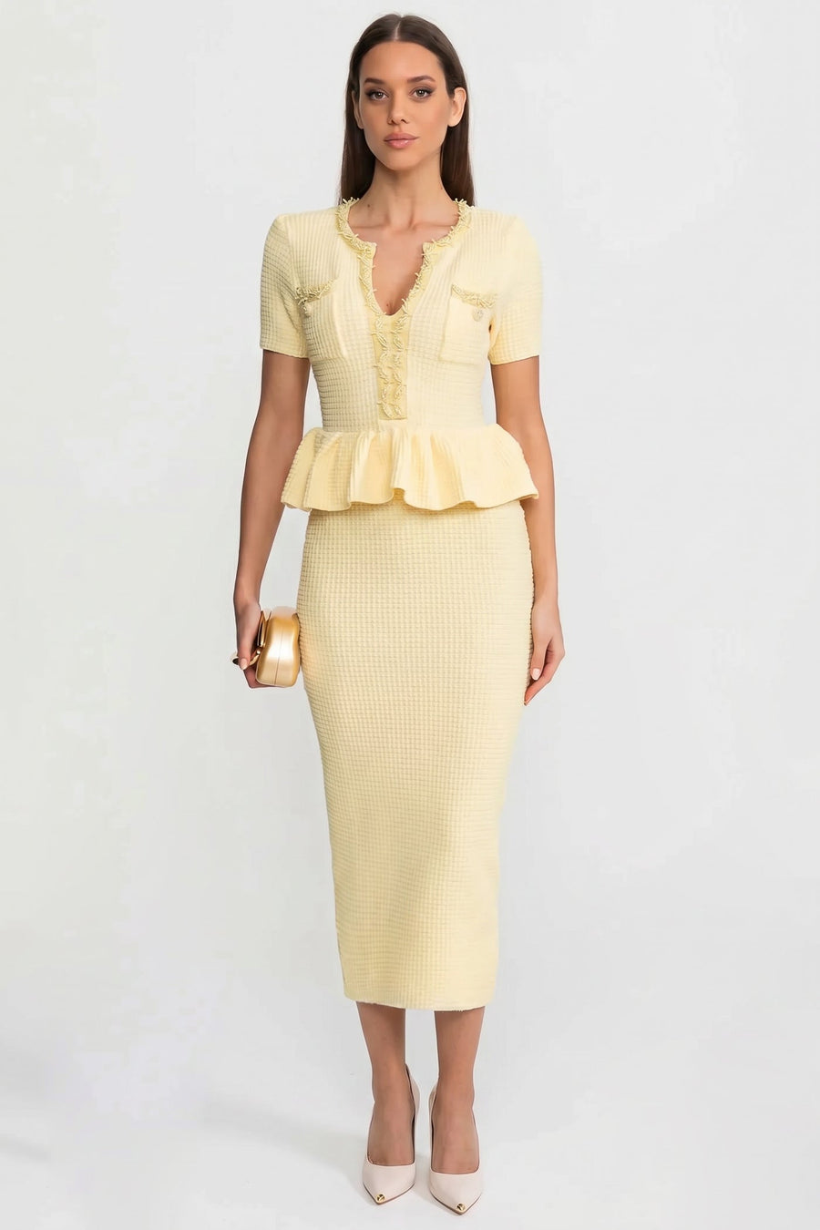 Peplum Bel Detayı Dokulu Triko Midi Elbise - Sarı