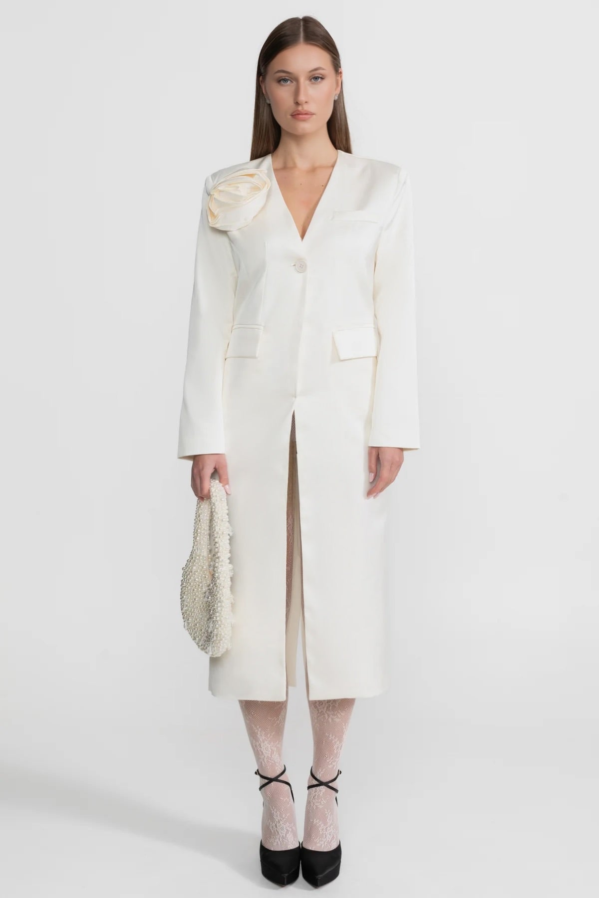 Saten Gül Süslemeli Blazer Elbise - Fildişi