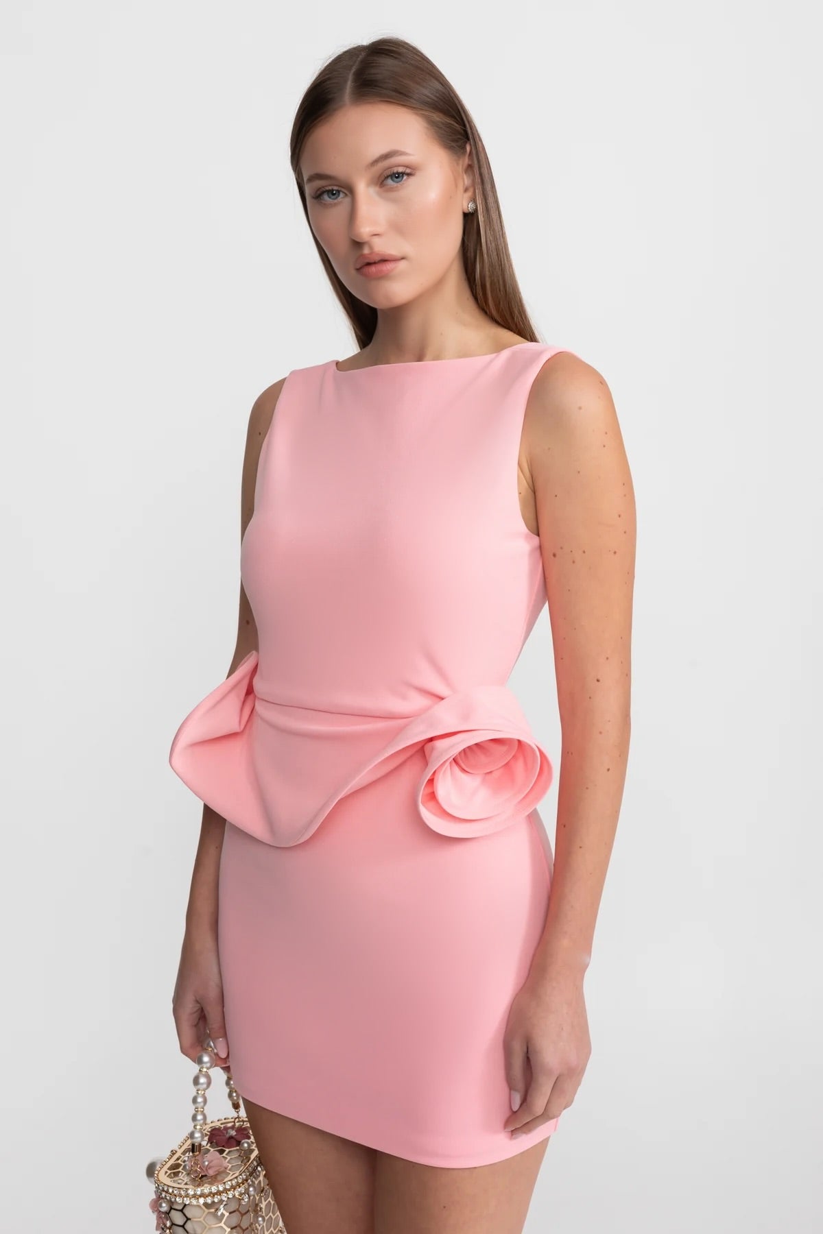 Heykelsi Peplum Detay Mini Elbise - Pembe